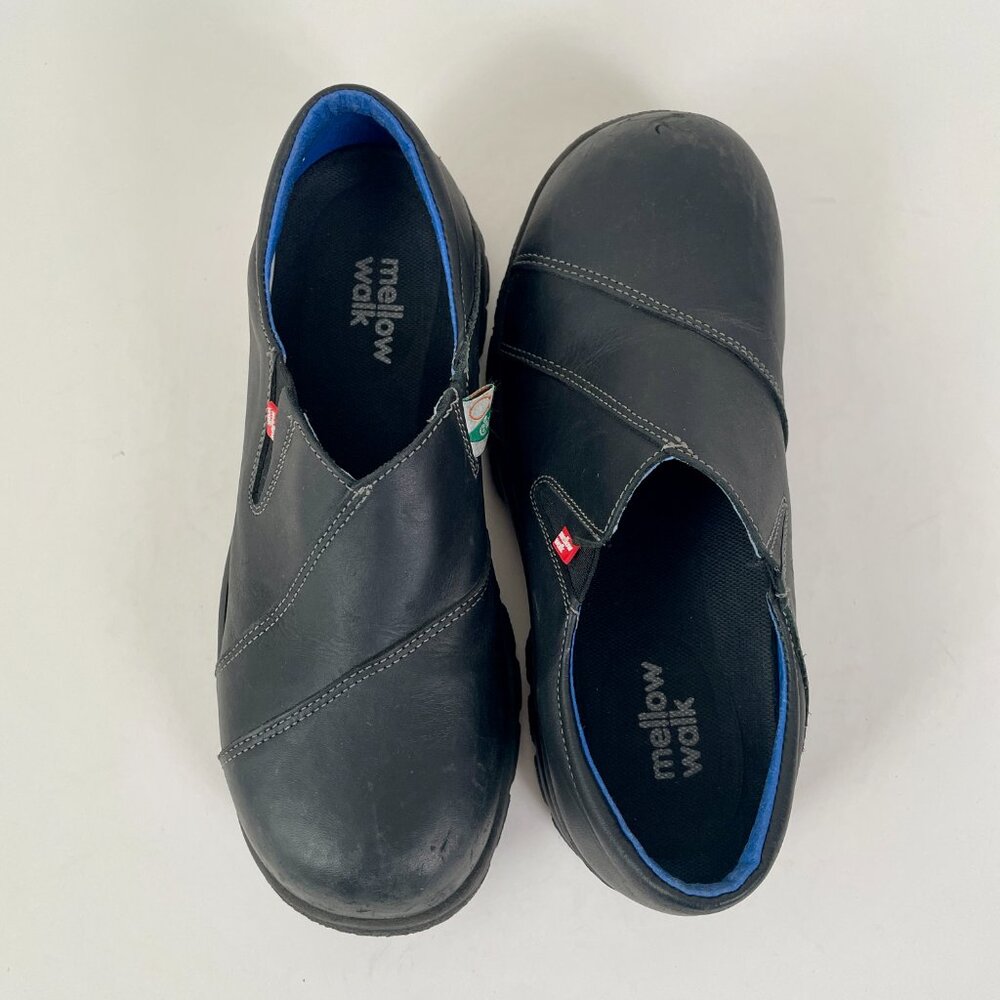 Mellow Walk Women's Slip On Black Leather Steel Toe Shoes, CSA Certified, Size 7